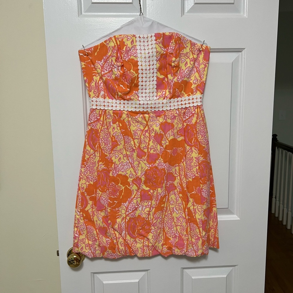 Lilly Pulitzer orange and pink strapless bubble dress